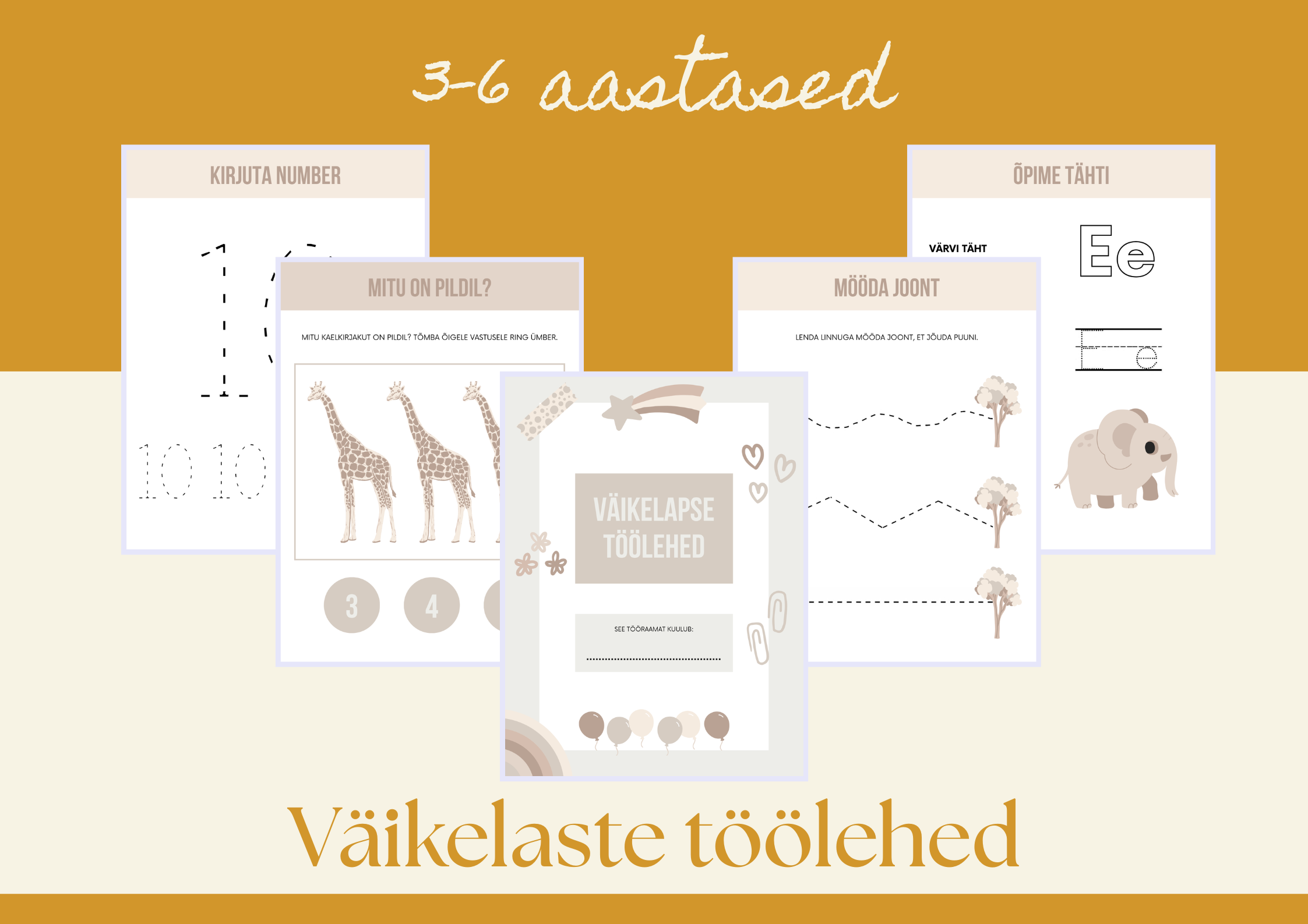Väikelaste töölehed PDF – numbrid, tähed, kujundid ja värvid (80+ lk)