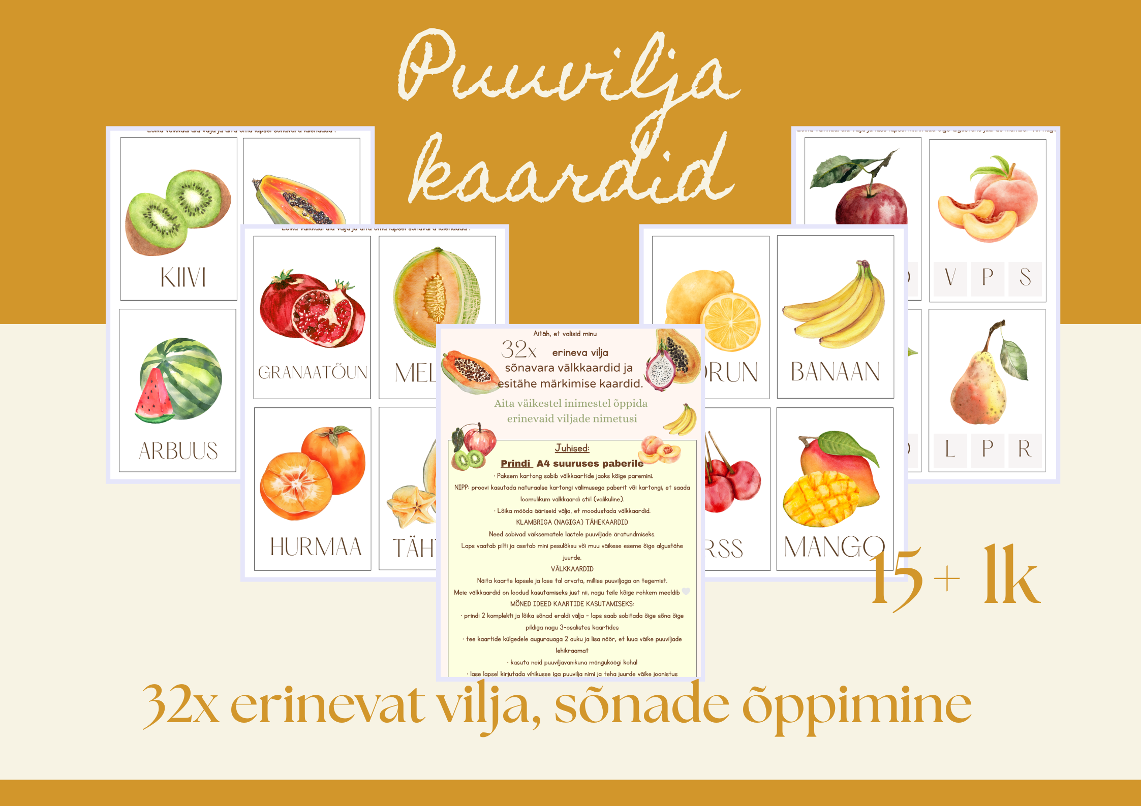 Puuviljade välkkaardid lastele – sõnavara ja tähekaardid (PDF)
